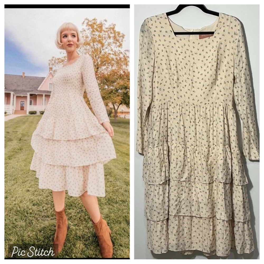 JessaKae Coraline Tiered Midi Floral Dress Ruffled Skirt Long Sleeve Cream Large